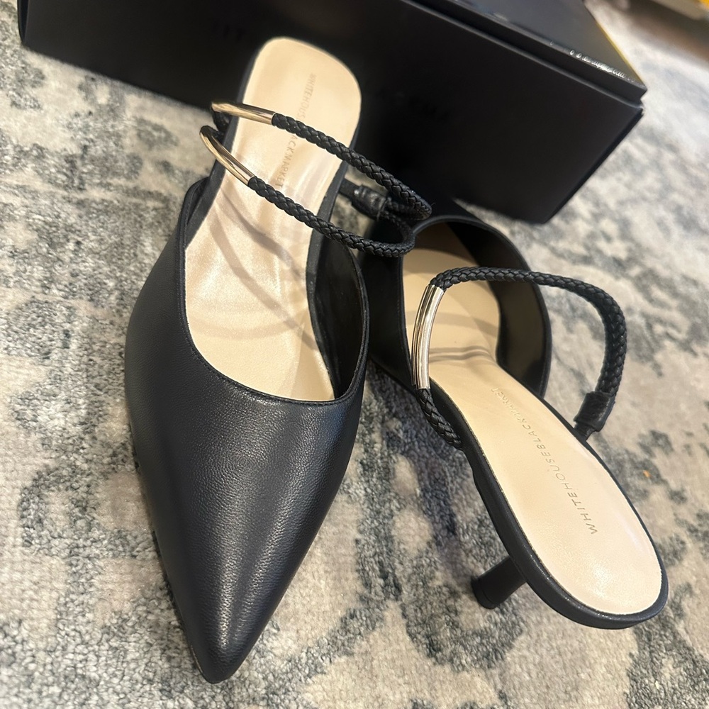 New In Box White House Black Market Black Pointed-Toe Heels with Braided Strap